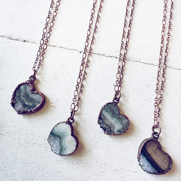 smitten // copper electroformed natural raw quartz amethyst heart pendant necklaces by Peacock & Lime