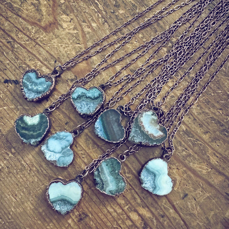 smitten // copper electroformed natural raw quartz amethyst heart pendant necklaces by Peacock & Lime