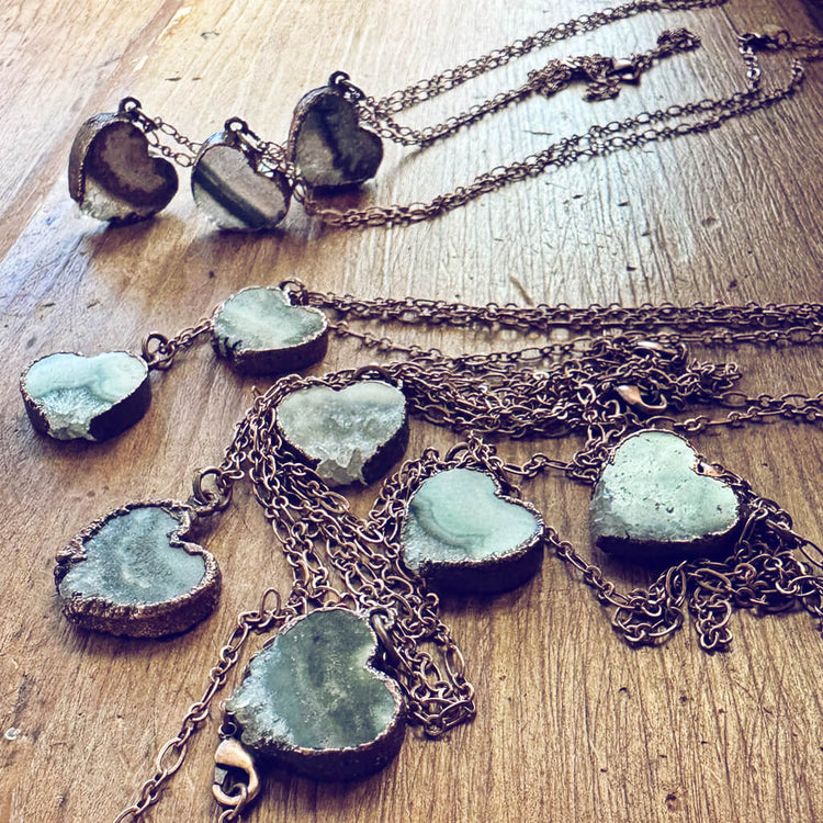 smitten // copper electroformed natural raw quartz amethyst heart pendant necklaces by Peacock & Lime