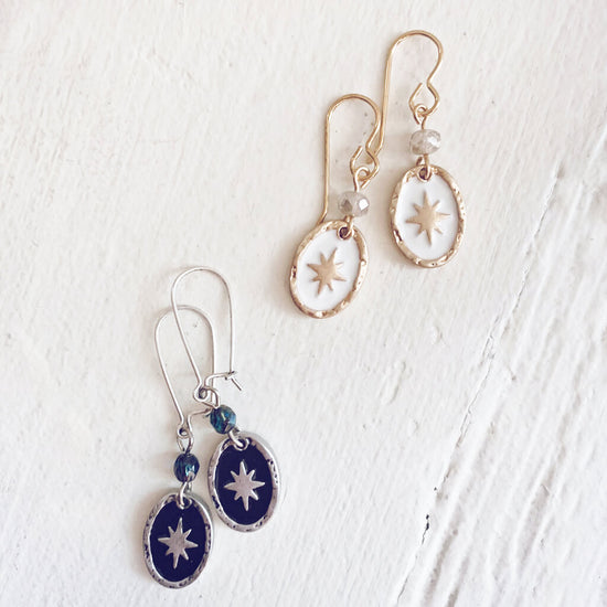 stargazer // enamel and brass oval starburst earrings - black or white - by Peacock and Lime
