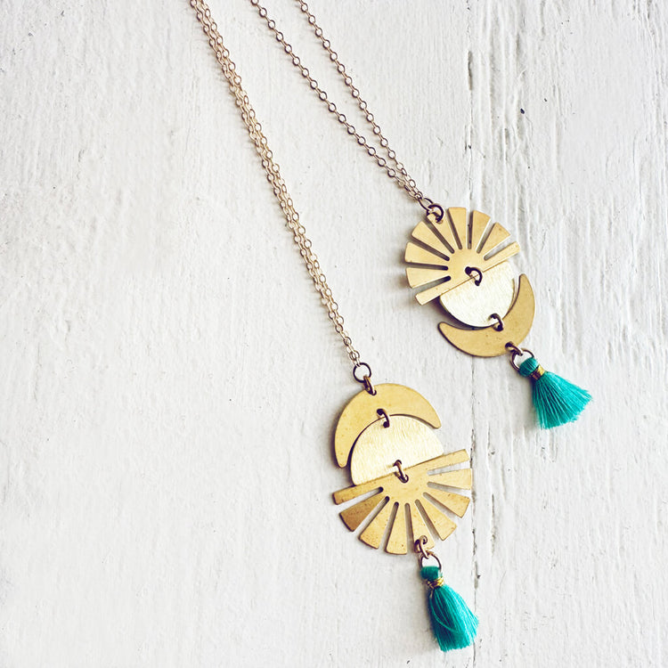 sun up & sun down // crescent moon, sun rays & tassel drop necklaces by Peacock & Lime
