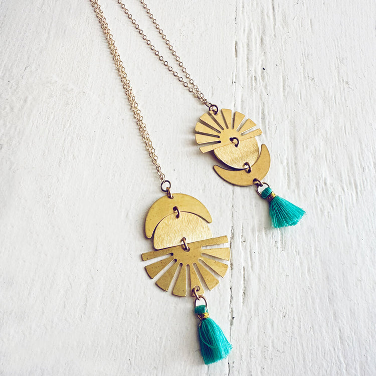 sun up & sun down // crescent moon, sun rays & tassel drop necklaces by Peacock & Lime