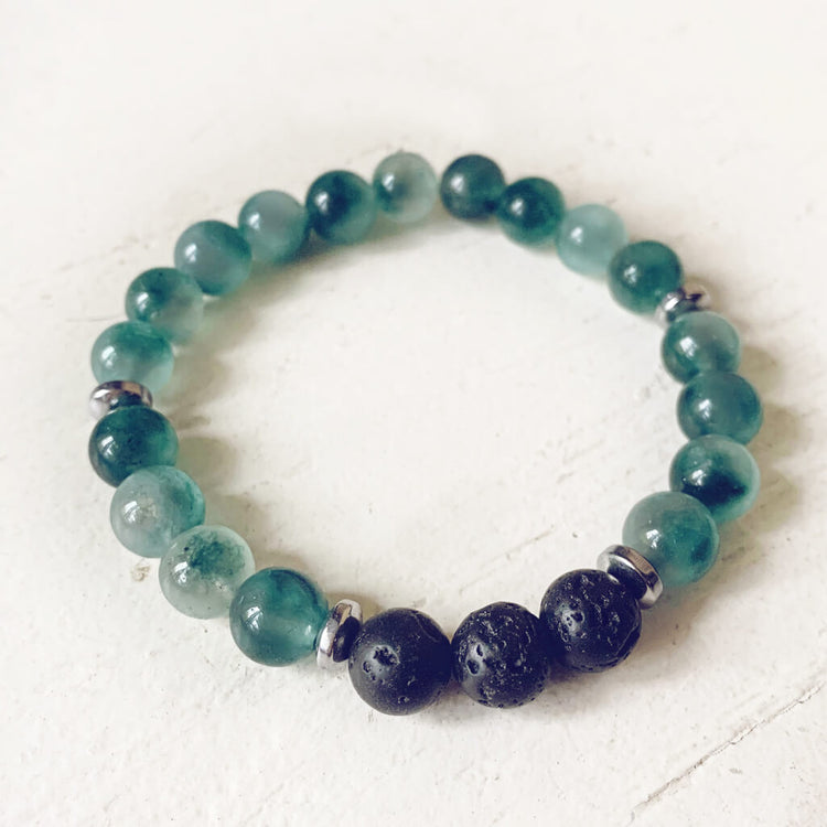 tide / caribbean sea green jade, lava rock and hematite mala bead bracelet - Peacock & Lime