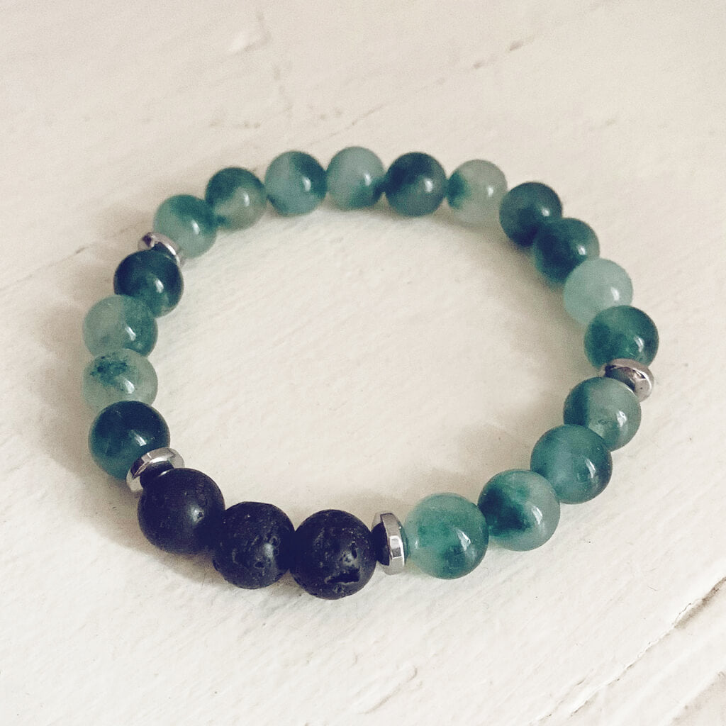 tide / caribbean sea green jade, lava rock and hematite mala bead bracelet - Peacock & Lime