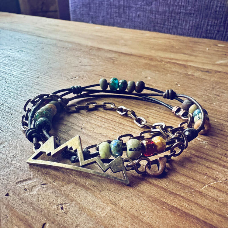 timberline // rustic mountain leather and chain wrap bracelet - Peacock & Lime