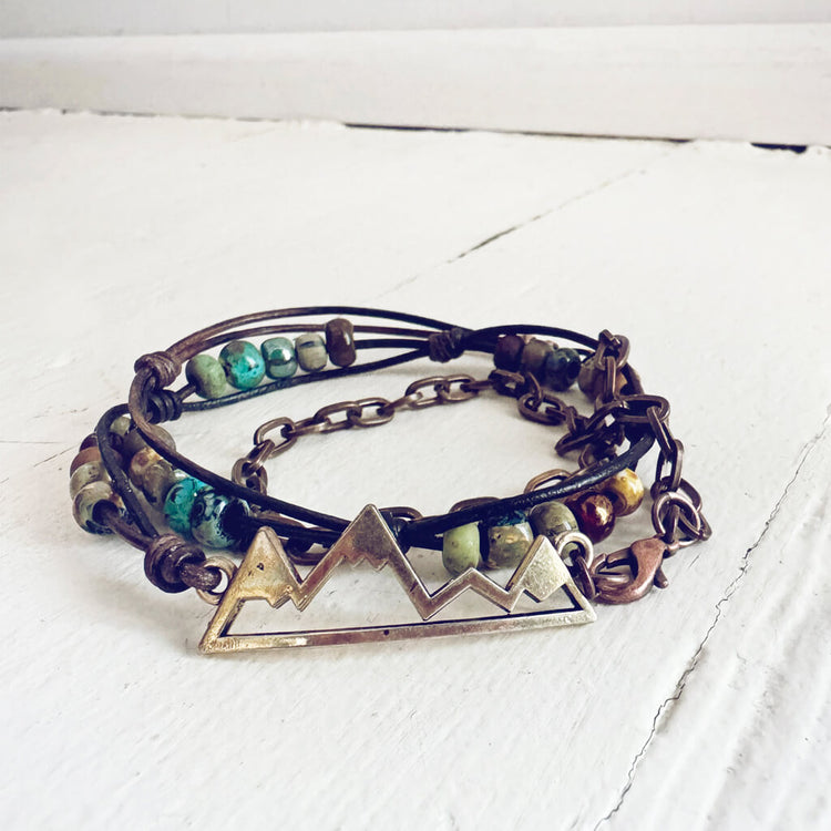 timberline // rustic mountain leather and chain wrap bracelet - Peacock & Lime