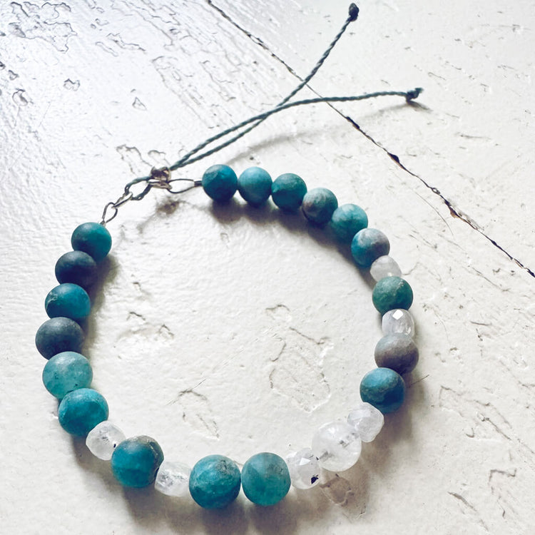 tiny treasure // mini gemstone bead stacking bracelet - pacific blue apatite & moonstone by Peacock & Lime