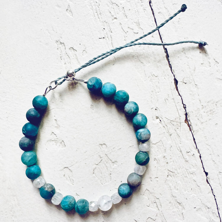 tiny treasure // mini gemstone bead stacking bracelet - pacific blue apatite & moonstone by Peacock & Lime
