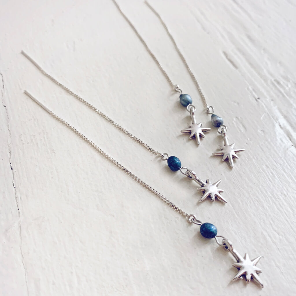 twilight star // sterling silver threader earrings with freshwater pearl & silver plated star - Peacock & Lime