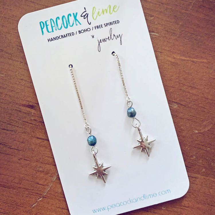 twilight star // sterling silver threader earrings with freshwater pearl & silver plated star - Peacock & Lime