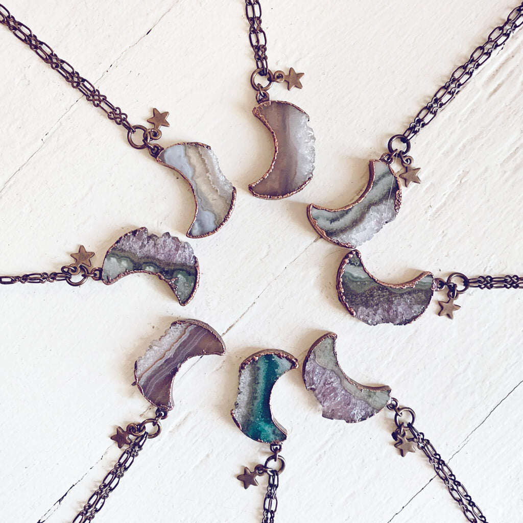 Under an Amethyst Moon // copper electroformed crescent moon pendant necklaces by Peacock & Lime