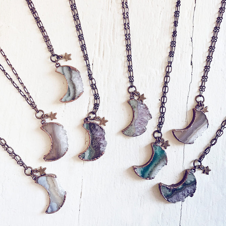 Under an Amethyst Moon // copper electroformed crescent moon pendant necklaces by Peacock & Lime