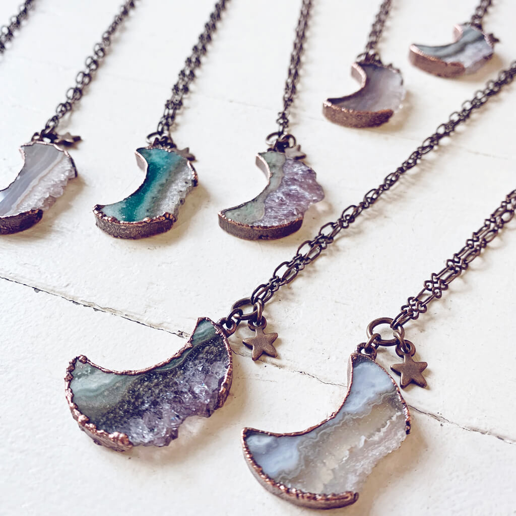 Under an Amethyst Moon // copper electroformed crescent moon pendant necklaces by Peacock & Lime