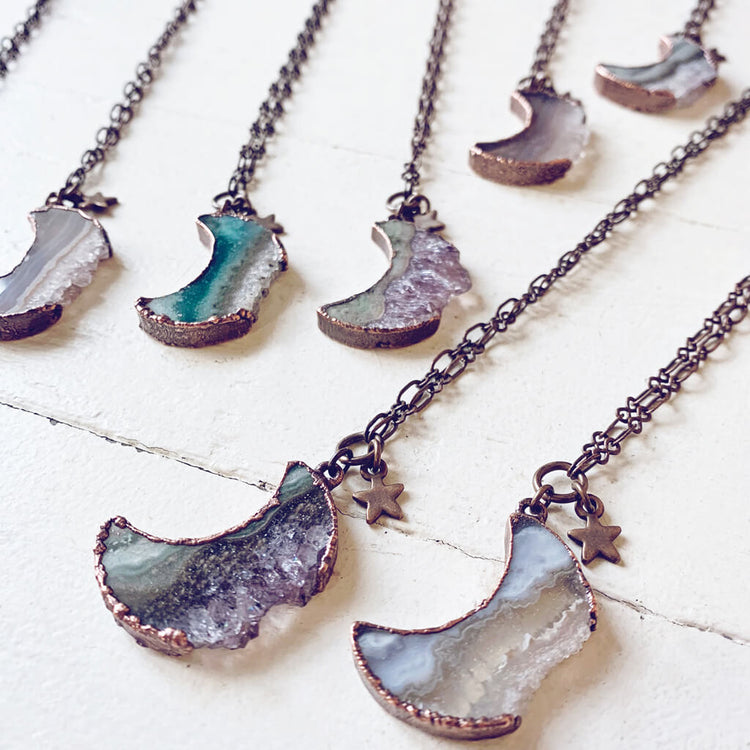 Under an Amethyst Moon // copper electroformed crescent moon pendant necklaces by Peacock & Lime