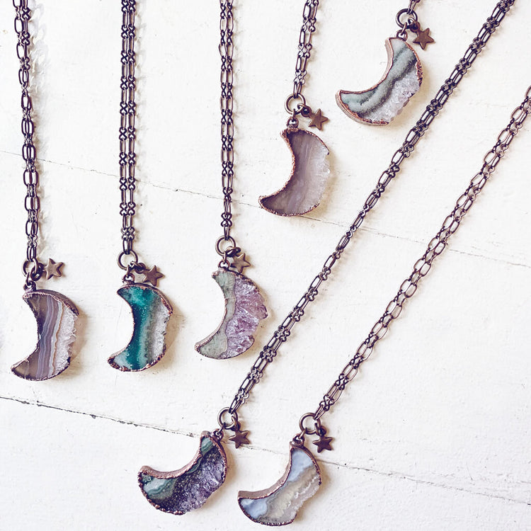 Under an Amethyst Moon // copper electroformed crescent moon pendant necklaces by Peacock & Lime