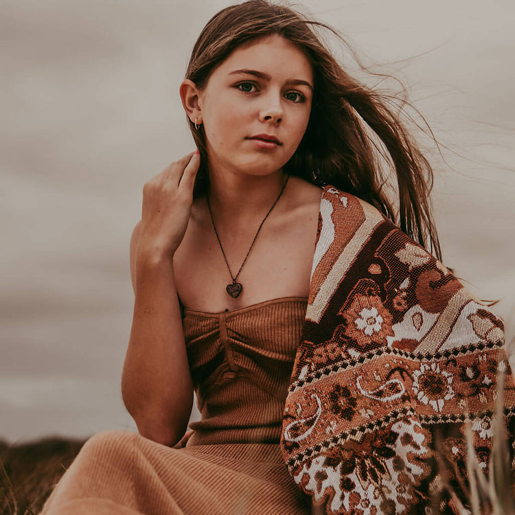 wild at heart // copper electroformed amethyst chip heart pendant necklace worn on model - Summer - by Peacock & Lime