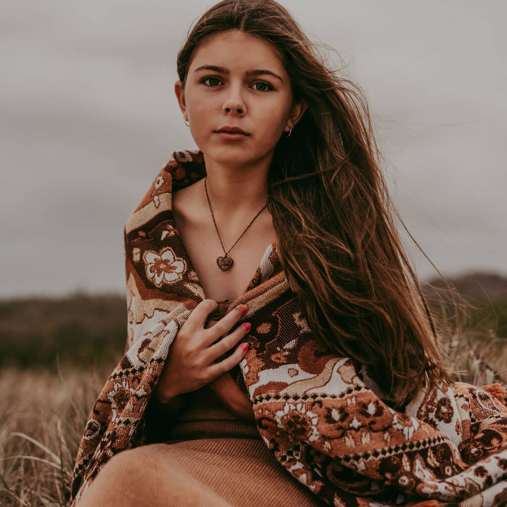 wild at heart // copper electroformed amethyst chip heart pendant necklace worn on model - Summer - by Peacock & Lime