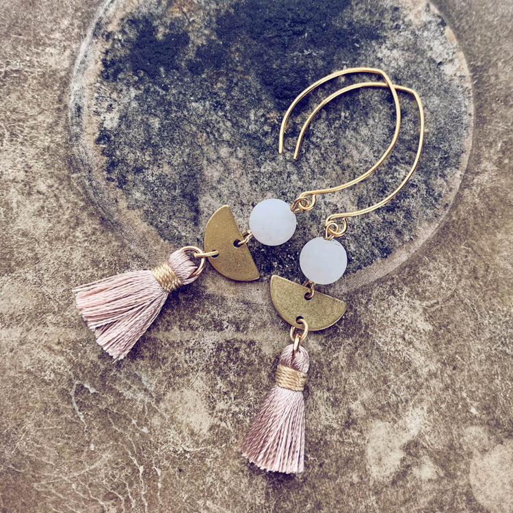 cosmos // boho brass, white jade & tassel earrings - Peacock & Lime