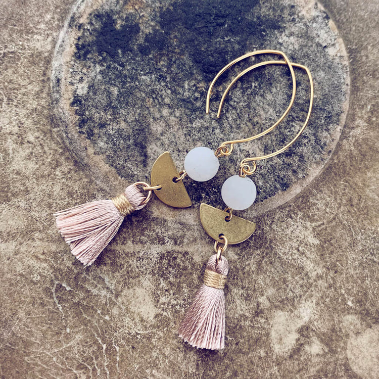 cosmos // boho brass, white jade & tassel earrings - Peacock & Lime