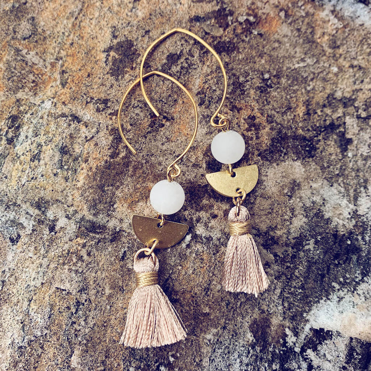 cosmos // boho brass, white jade & tassel earrings - Peacock & Lime