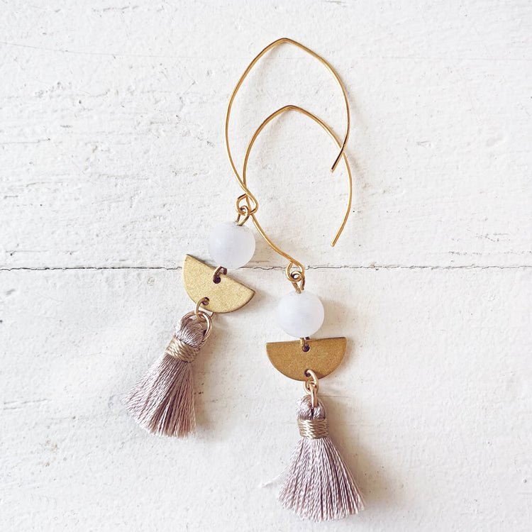 cosmos // boho brass, white jade & tassel earrings - Peacock & Lime