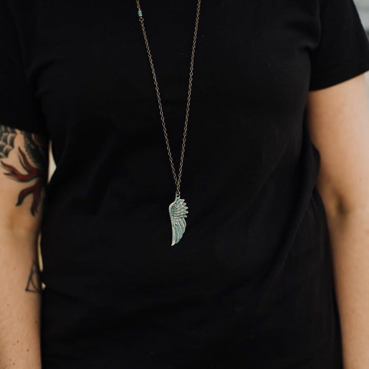 Soteria // hand painted wing pendant necklace - worn on model - Peacock & Lime