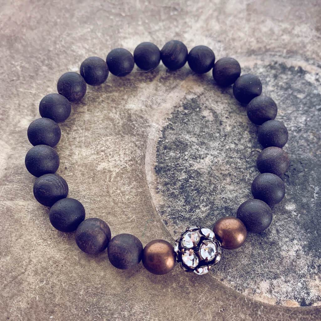alignment // black sandalwood and crystal rhinestone sphere mala bead bracelet - Peacock & Lime