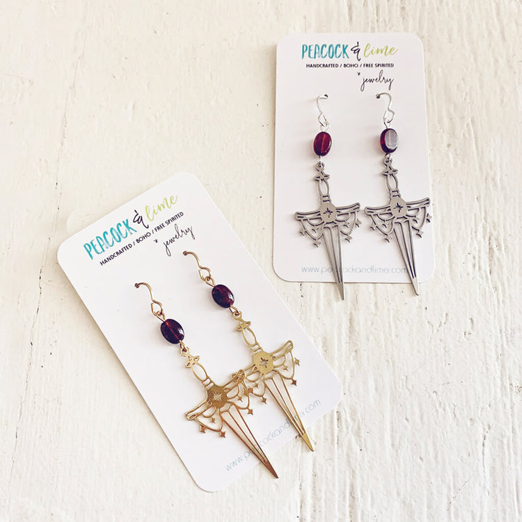 anelace // garnet and dagger earrings by Peacock and Lime