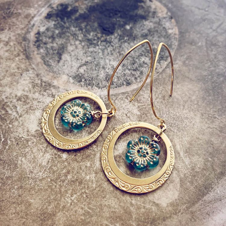 anemone // flower and embossed brass hoop earrings by Peacock and Lime