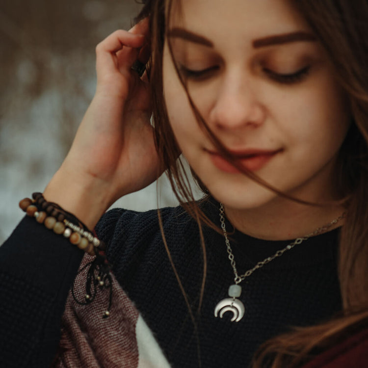 artemis // double crescent moon necklace - with moonstone - worn on model - by Peacock & Lime