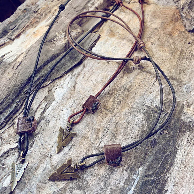 arrowhead // men's rugged distressed leather necklace with arrow head pendant - Peacock & Lime