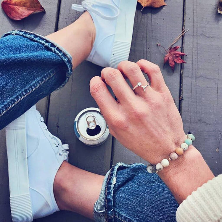 astral // sterling silver adjustable star and moon gap ring - Peacock & Lime