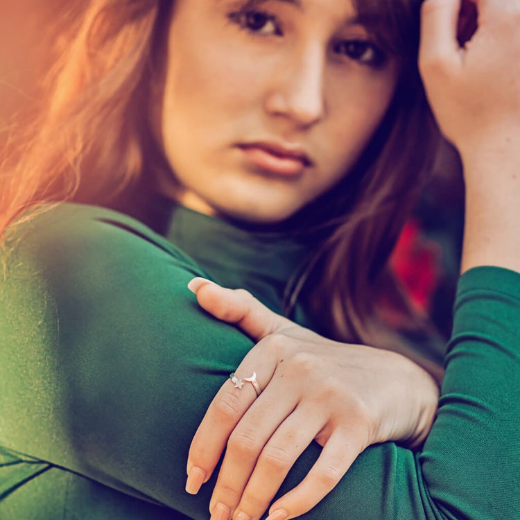 astral // sterling silver adjustable star and moon gap ring - Peacock & Lime