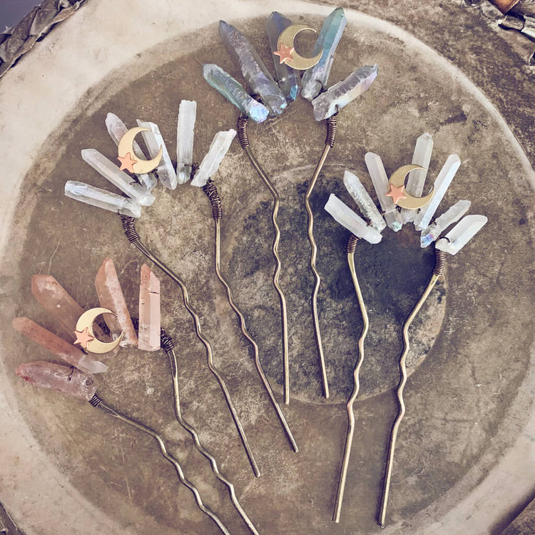aura // quartz crystal antique brass hair fork stick pins with crescent moon & star by Peacock & Lime