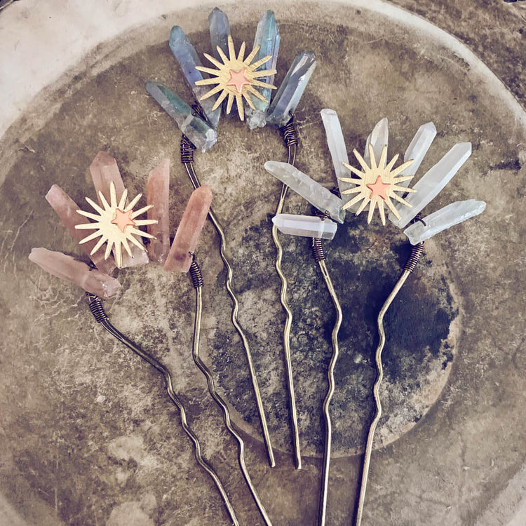 aura // quartz crystal antique brass hair fork stick pins with sun and star by Peacock & Lime