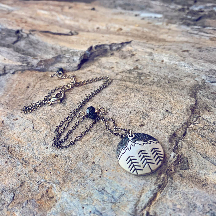 banff mountain love // handpainted mountain & trees silver charm necklace - midnight - Peacock & Lime