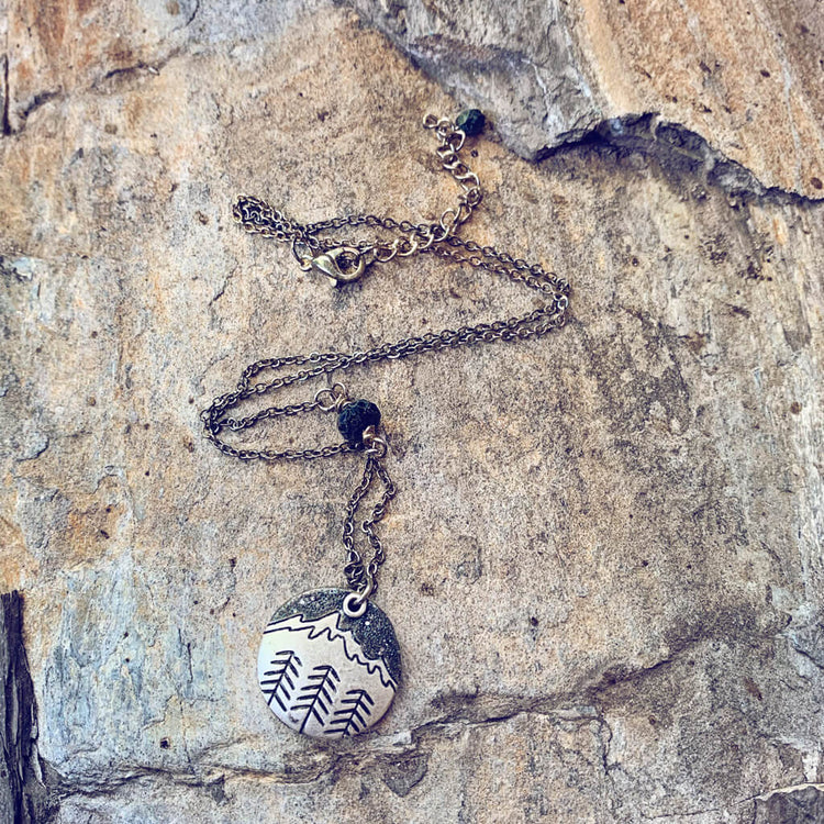 banff mountain love // handpainted mountain & trees silver charm necklace - midnight - Peacock & Lime