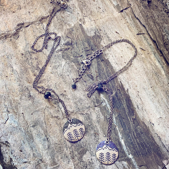 banff mountain love // handpainted mountain & trees silver charm necklaces - Peacock & Lime