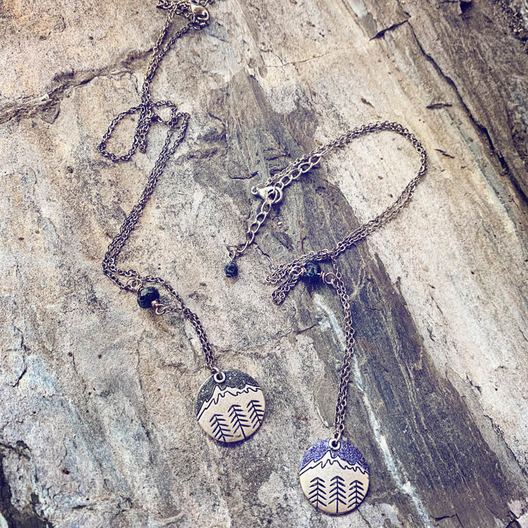 banff mountain love // handpainted mountain & trees silver charm necklaces - Peacock & Lime