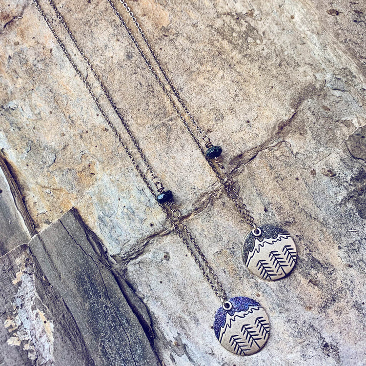 banff mountain love // handpainted mountain & trees silver charm necklaces - Peacock & Lime