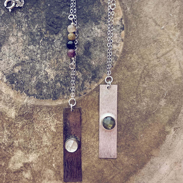 bar // tourmaline, labradorite or quartz gemstone and sterling silver bar necklaces - Peacock & Lime