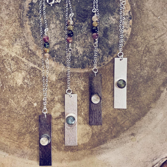 bar // tourmaline, labradorite or quartz gemstone and sterling silver bar necklaces - Peacock & Lime