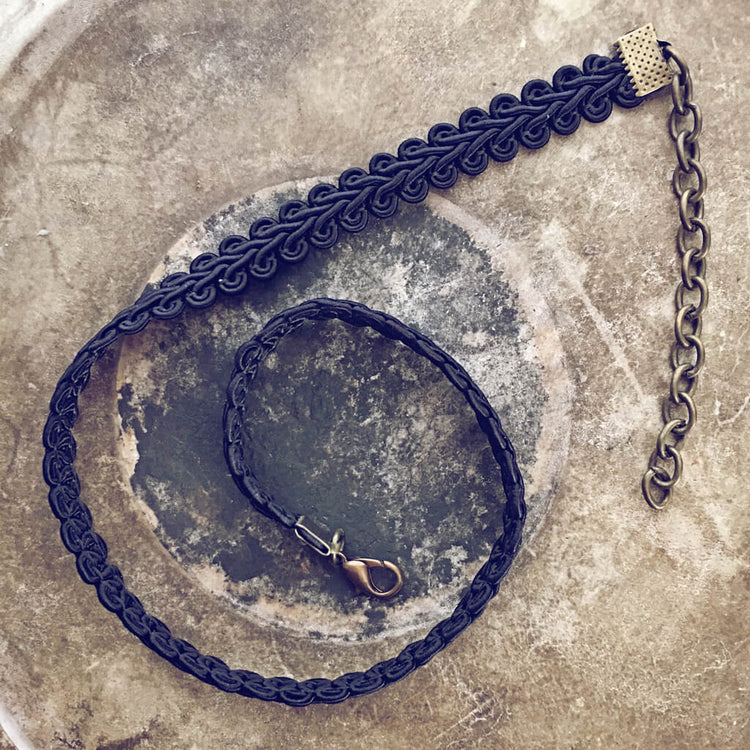 boho fancy black ribbon choker - Peacock & Lime