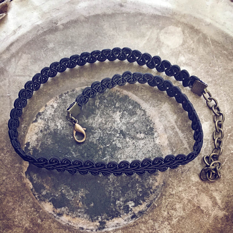 boho fancy black ribbon choker - Peacock & Lime