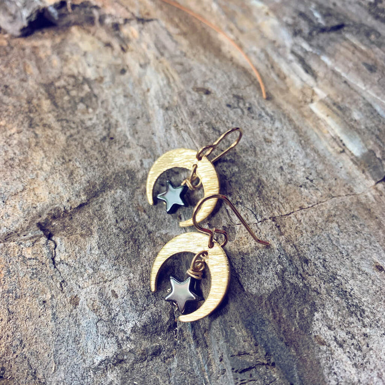 black neutron star brass crescent moon and hematite star earrings by Peacock and Lime