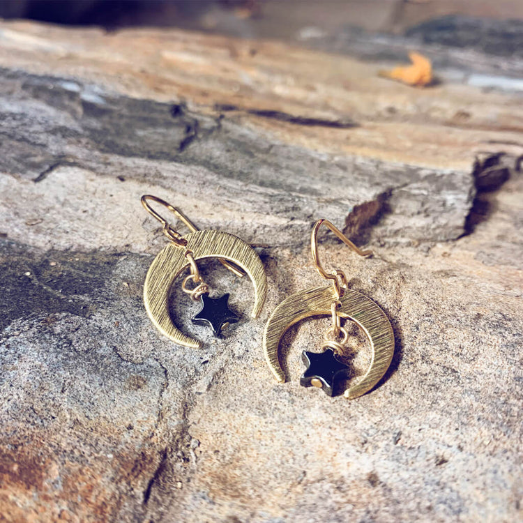 black neutron star brass crescent moon and hematite star earrings by Peacock and Lime