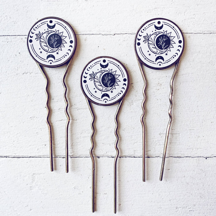 bohemian moon // antique brass hair fork stick pin with moon sun and flower motif by Peacock and Lime