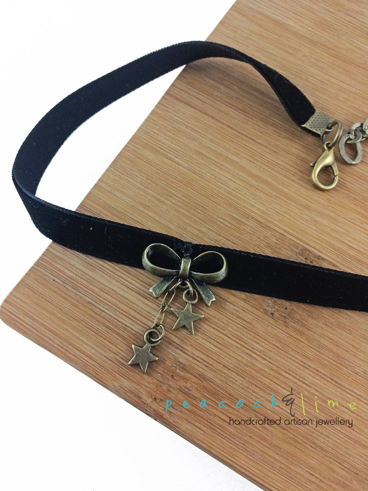 boho black velvet ribbon choker with bow and star charms - Peacock & Lime