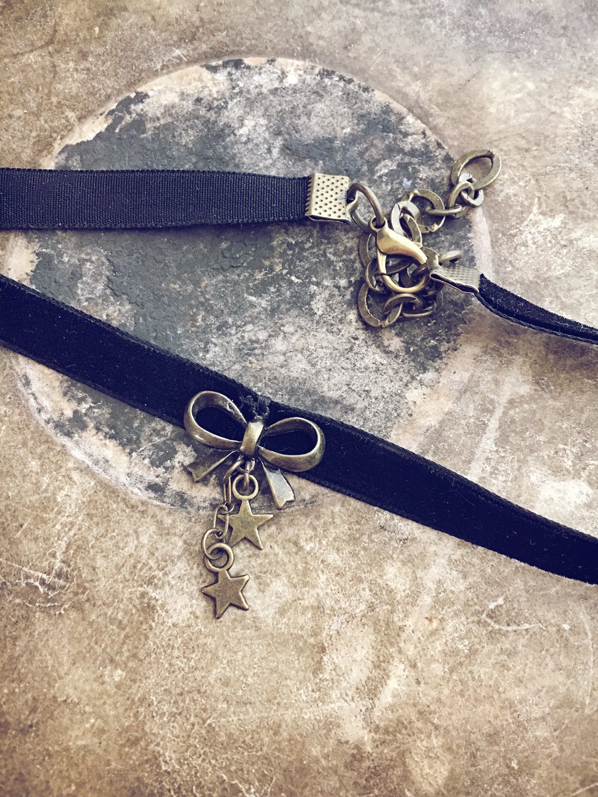 boho black velvet ribbon choker with bow and star charms - Peacock & Lime
