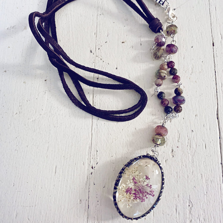 large boho bouquet // glass orb pressed flower pendant necklace - lavender & cream - by Peacock & Lime